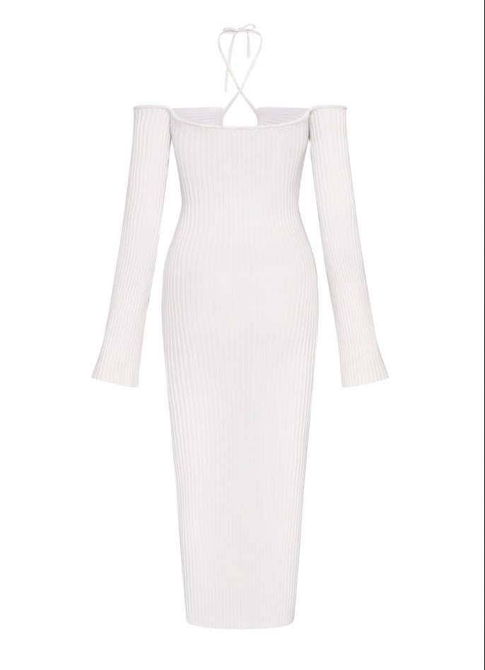 RIBBED KNIT OFF-SHOULDER HALTERNECK 