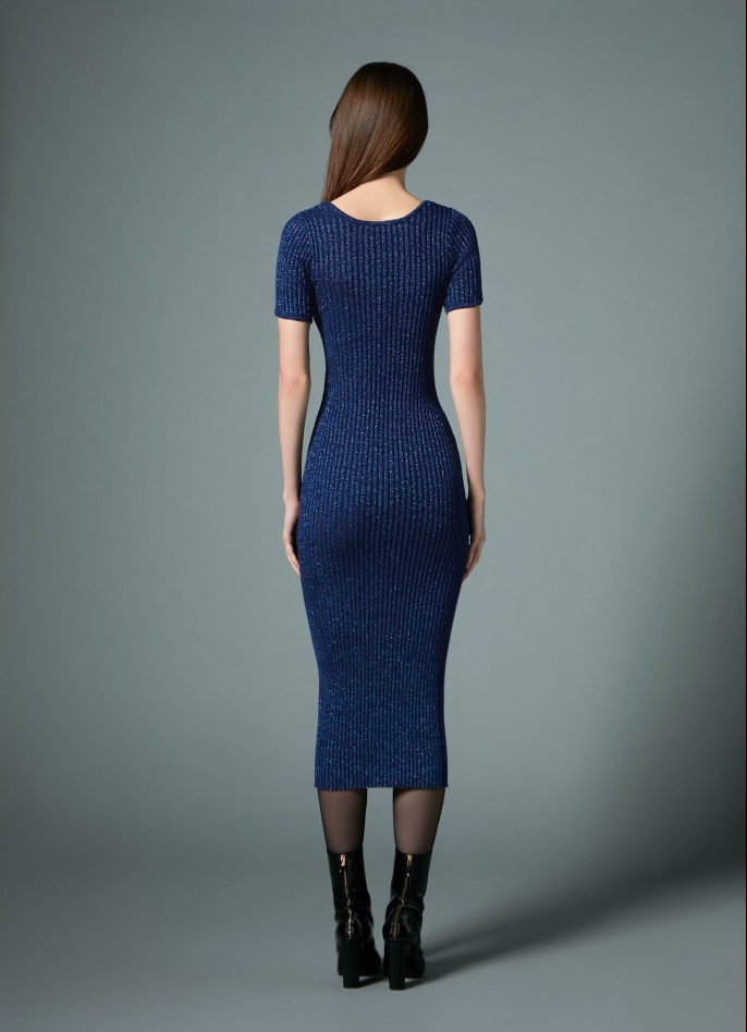 knee length dresses for ladies Moon Dance Open Back Short Sleeve Knit Midi Dress Beige Selfie Leslie