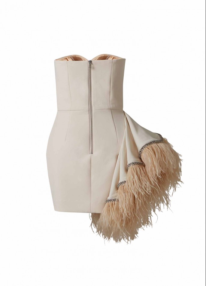 LIGHT BEIGE FEATHER-TRIMMED EMBROIDERED RUFFLE CREPE MINI DRESS
