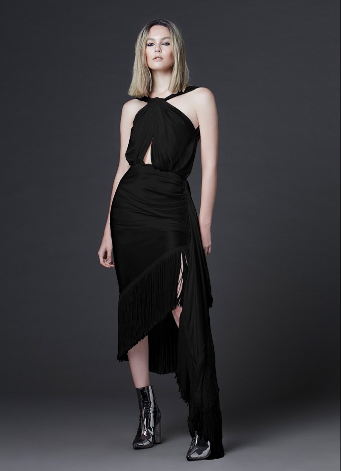 BLACK FRINGE-TRIMMED SLIK SATIN BACKLESS DRESS
