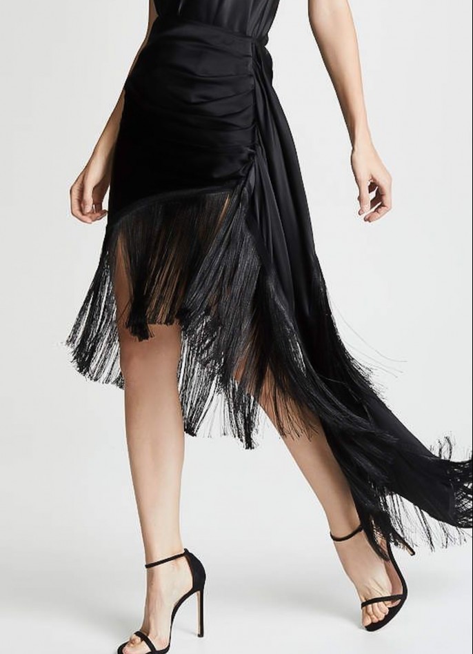 BLACK FRINGE-TRIMMED SLIK SATIN BACKLESS DRESS