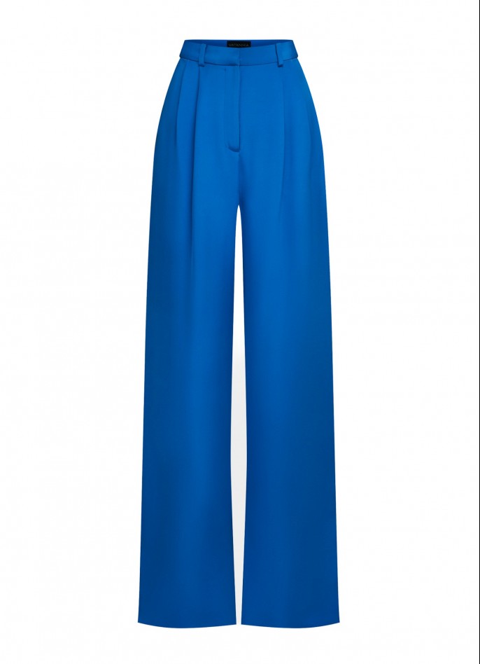 PRUSSIAN BLUE SILK HIGH-WAIST WIDE-LEG PANTS