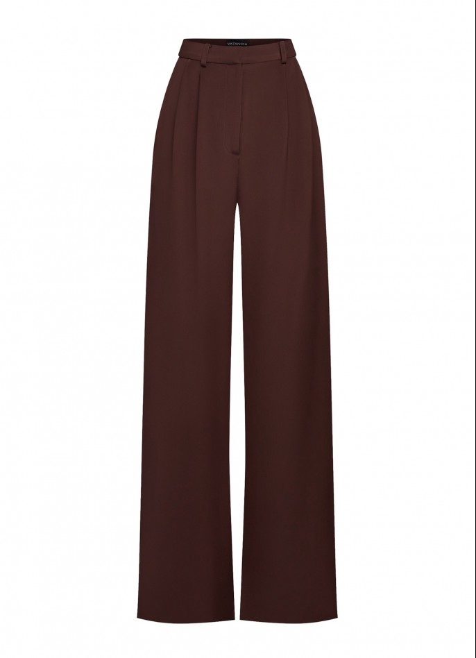 BROWN SILK HIGH-WAIST WIDE-LEG PANTS