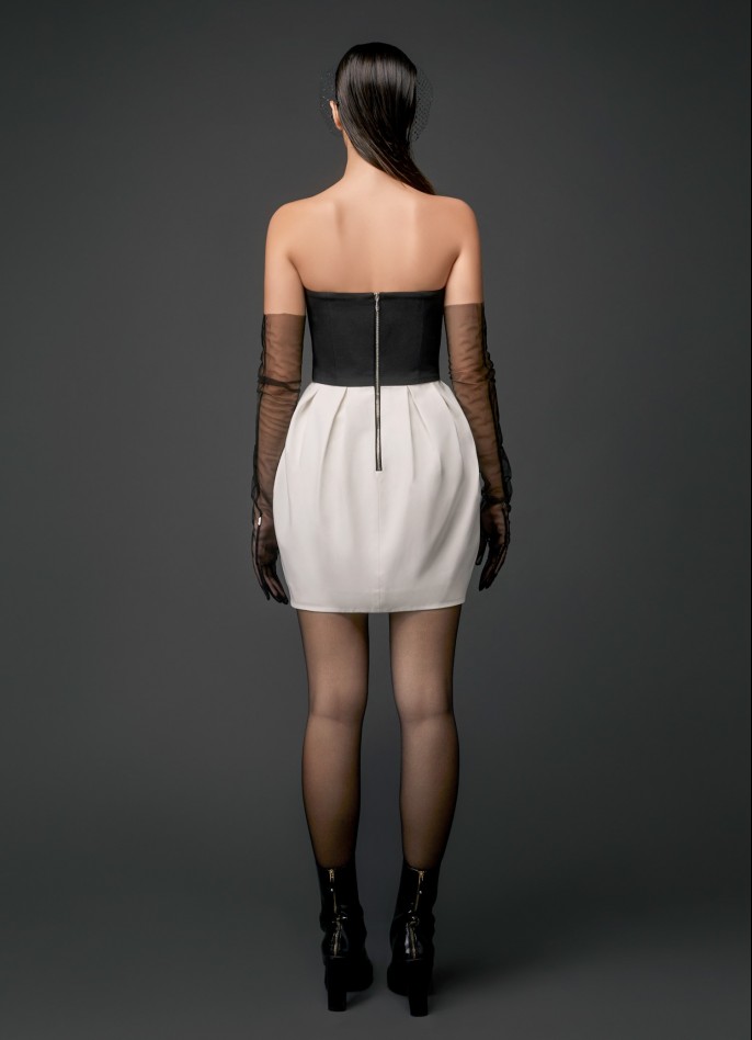 BLACK / OFF-WHITE STRAPLESS GROSGRAIN MINI DRESS WITH HANDMADE ROSE