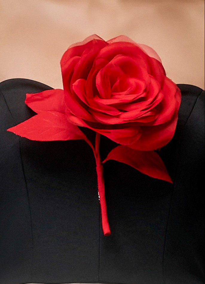 BLACK / OFF-WHITE STRAPLESS GROSGRAIN MINI DRESS WITH HANDMADE ROSE