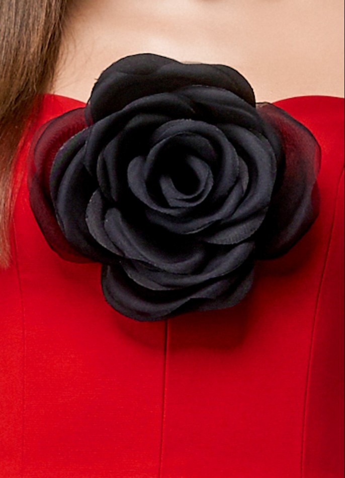 RED / BLACK STRAPLESS GROSGRAIN POLKA DOT MINI DRESS WITH HANDMADE ROSE