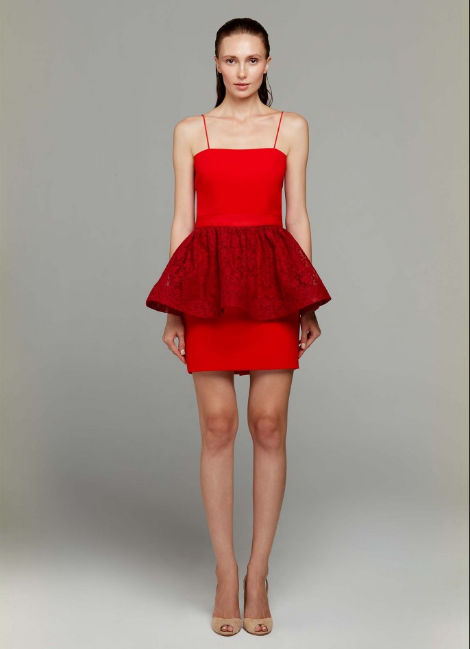 RED LACE AND STRETCH CREPE MINI DRESS
