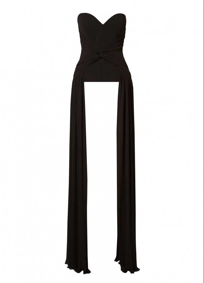 BLACK HAND-DRAPED PLEATED STRETCH CREPE AND CHIFFON TOP