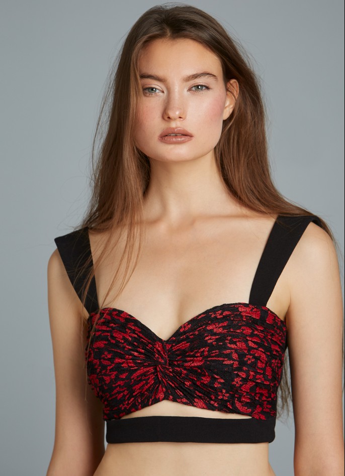 RED / BLACK HAND-DRAPED LACE AND CREPE CROP TOP