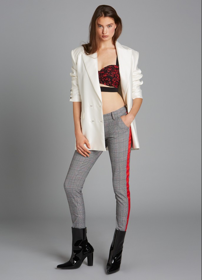 GREY CHECKED RED SIDE-STRIPE LOW-RISE SKINNY PANTS