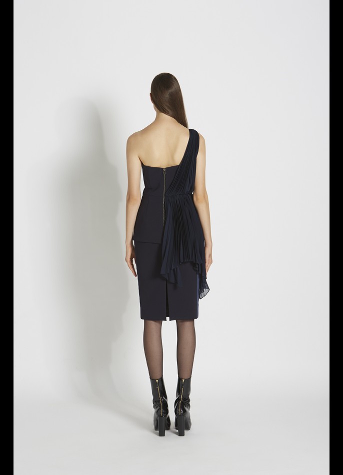 DARK BLUE CREPE BLEND AND PLEATED CHIFFON ONE SHOULDER TOP