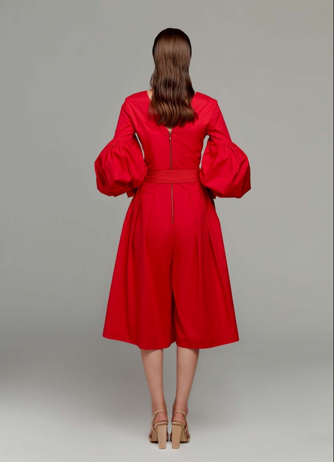 RED COTTON POPLIN PUFF SLEEVE BELTED JUMPSUIT