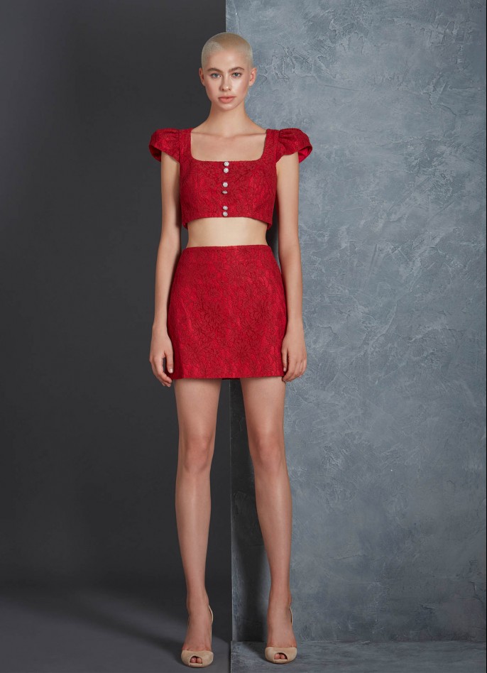 RED LACE AND COTTON POPLIN MINI SKIRT