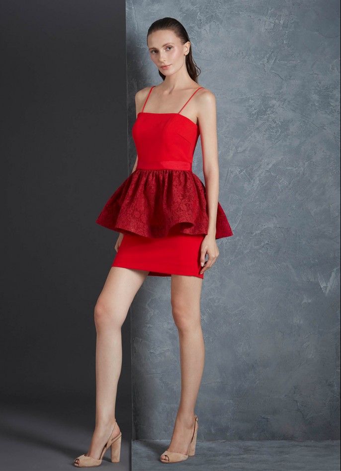 RED LACE AND STRETCH CREPE MINI DRESS