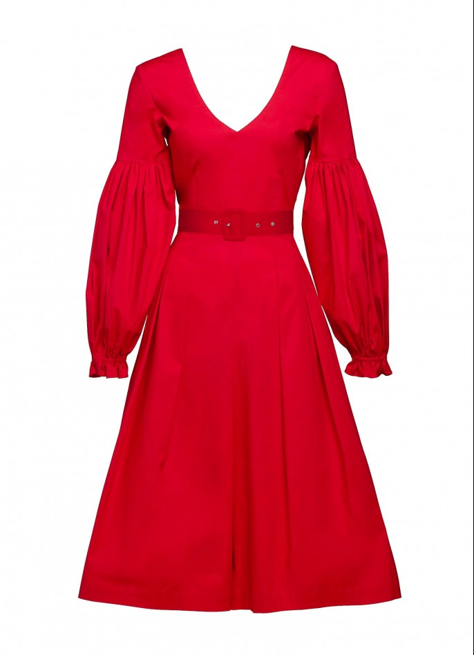 RED COTTON POPLIN PUFF SLEEVE BELTED JUMPSUIT