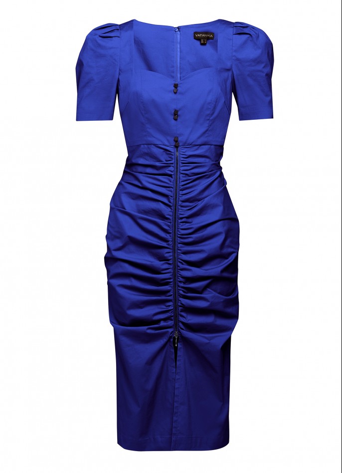 INDIGO BLUE RUCHED COTTON POPLIN ZIP SLIT DRESS