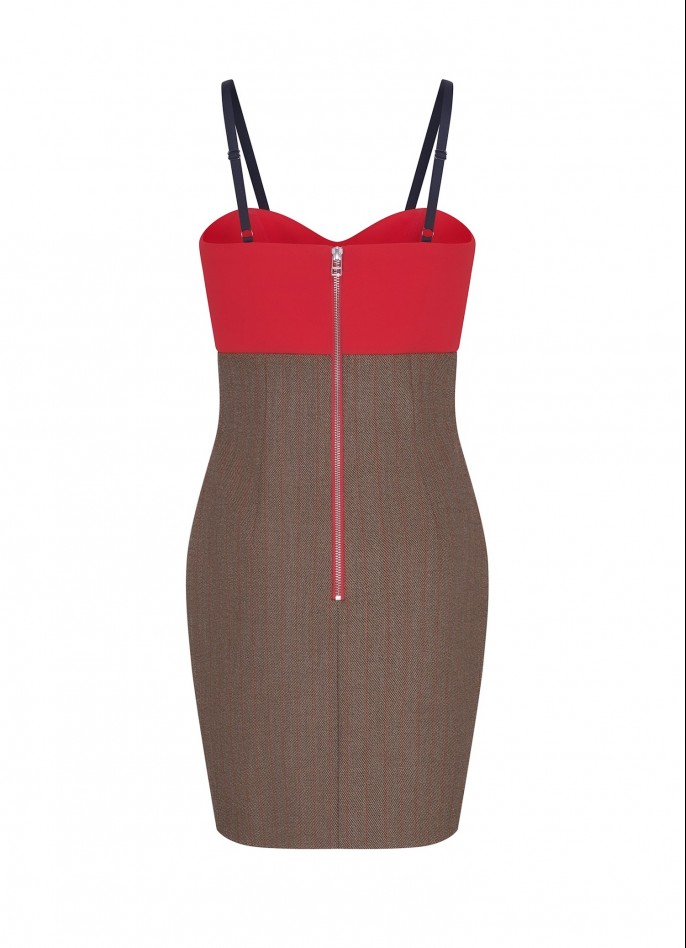 RED / BROWN PINSTRIPE STRETCH CREPE RAYON BLEND CUT-OUT DRESS