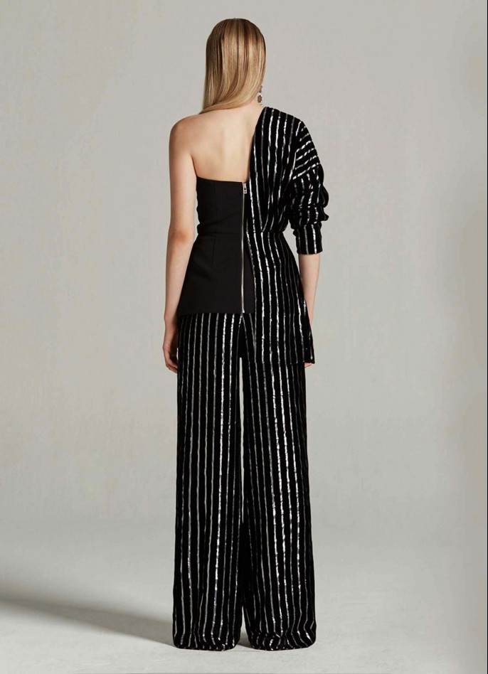 BLACK SILVER METALLIC PINSTRIPED VELVET AND STRETCH CREPE ONE-SHOULDER TOP