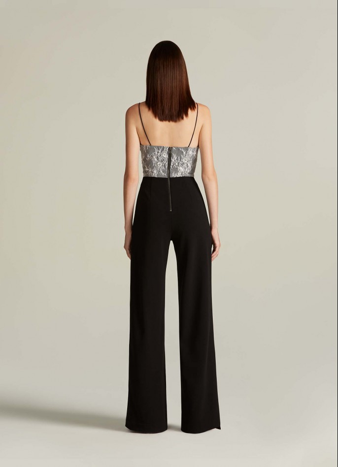 WHITE BLACK HAND-EMBROIDERED LACE AND CREPE BLEND CUTOUT JUMPSUIT