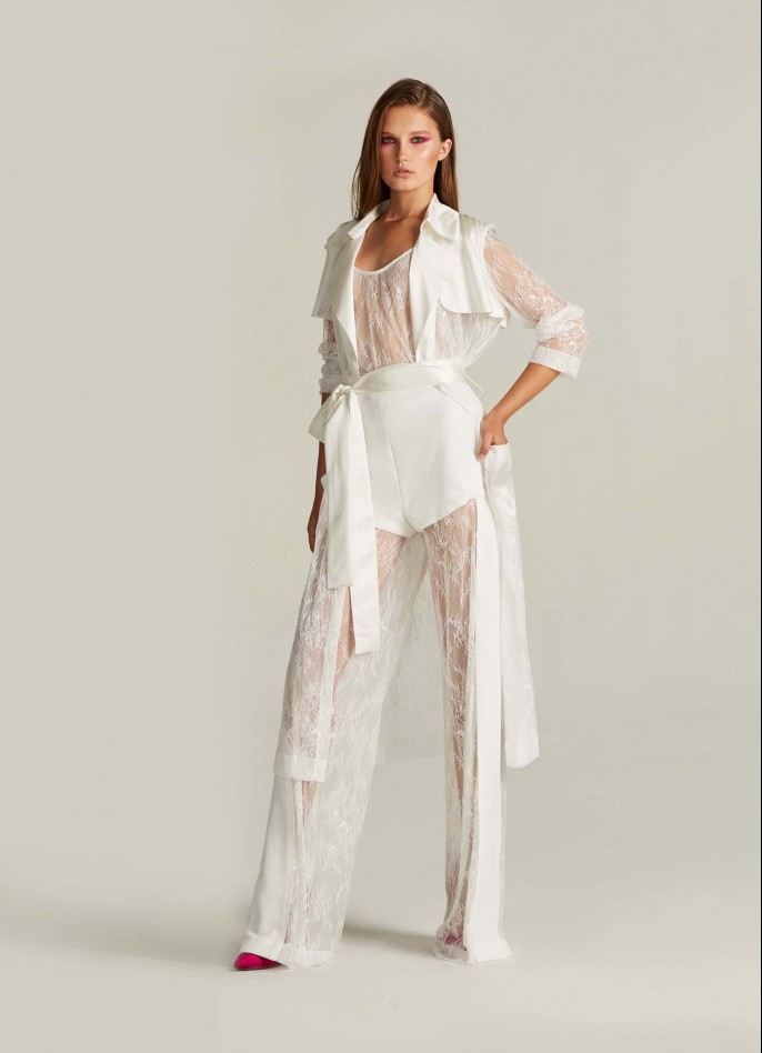 WHITE CREPE BLEND AND LACE PANTS