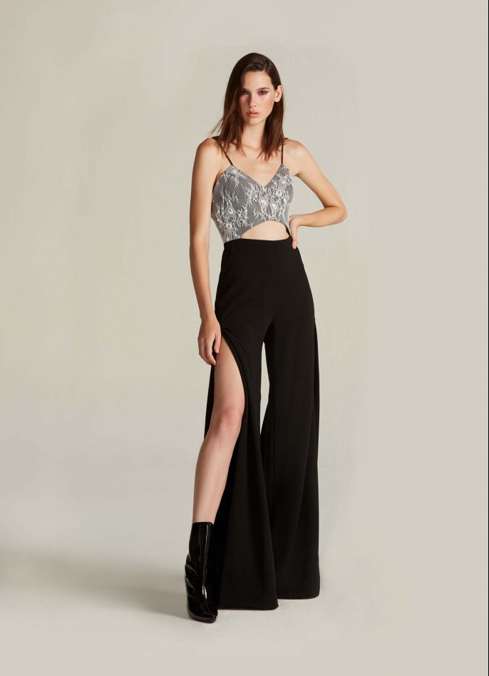 WHITE BLACK HAND-EMBROIDERED LACE AND CREPE BLEND CUTOUT JUMPSUIT