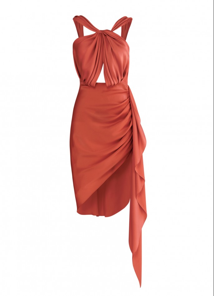 PRE-ORDER : DRAPED SILK SATIN BACKLESS DRESS - BRICK ORANGE