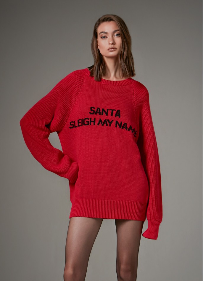 UNISEX KNITTED SWEATER - SANTA SLEIGH MY NAME - RED